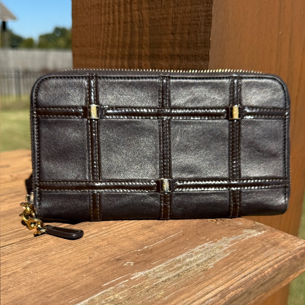 Salvatore Ferragamo Brown Leather Zip Wallet with Gold Accents